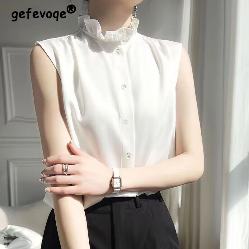 Блузка женская шифоновая с рюшами Модная элегантная рубашка без рукавов на