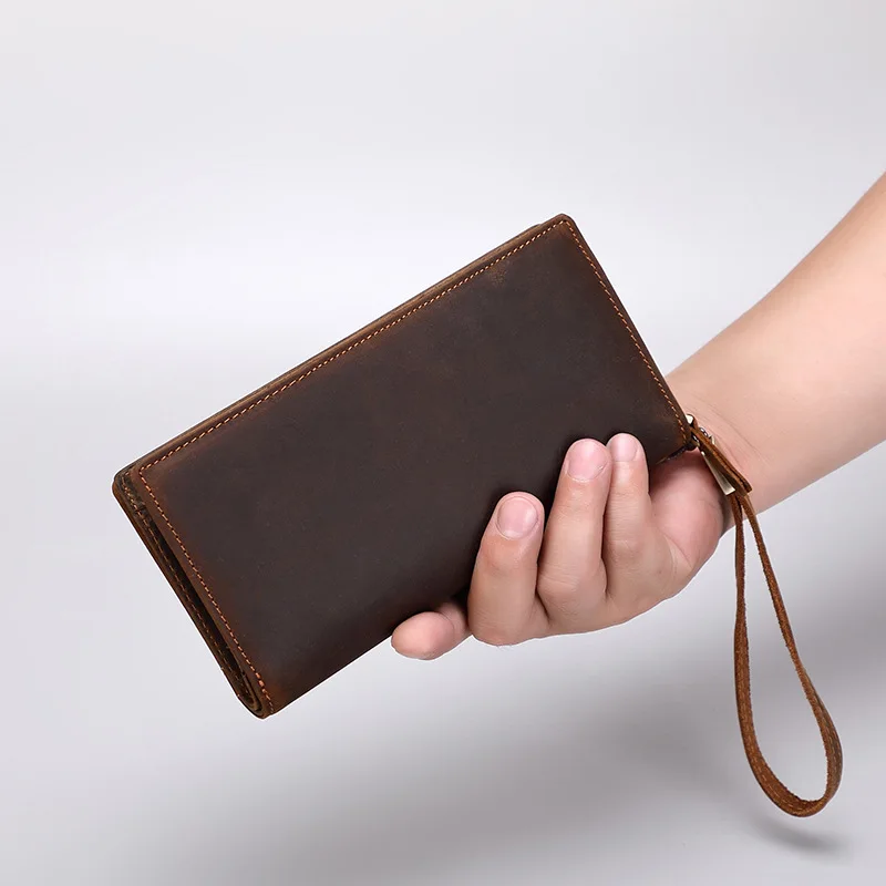 Men's First Layer Cowhide Leather Wallet Crazy Horse Leather Long Wallet Vintage Coin Purse Cowhide Clutch Leather Wallet