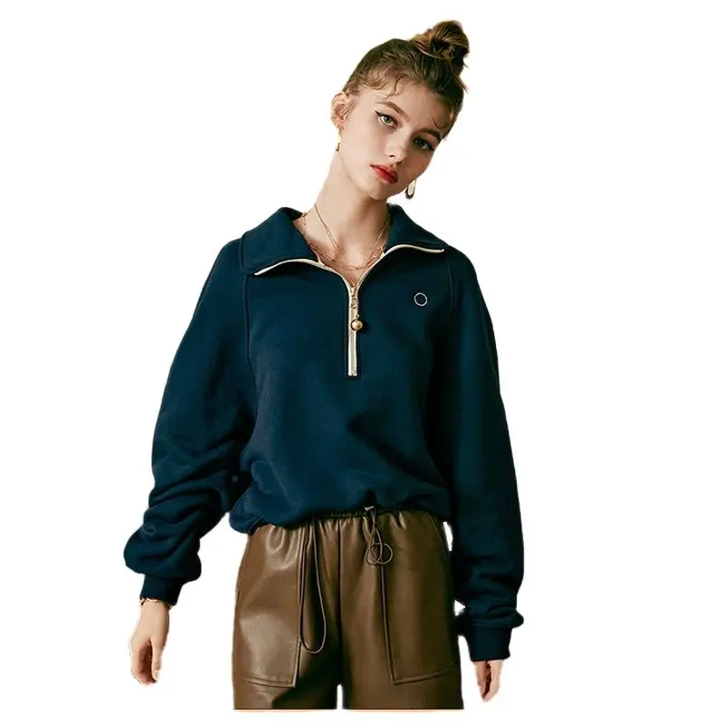 

2022 new women's zipper lapel shirt sweatshirt new fall/winter pullover top casual long-sleeved solid color loose