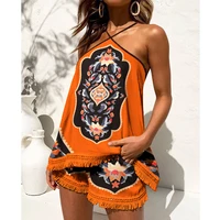 two piece suit sets fashion women sexy sleeveless daily vacation beach tribal print tassel trim halter top shorts set