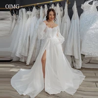oimg simple a line organza wedding dresses sweetheart puff long sleeves slit princess bridal gowns women formal dress