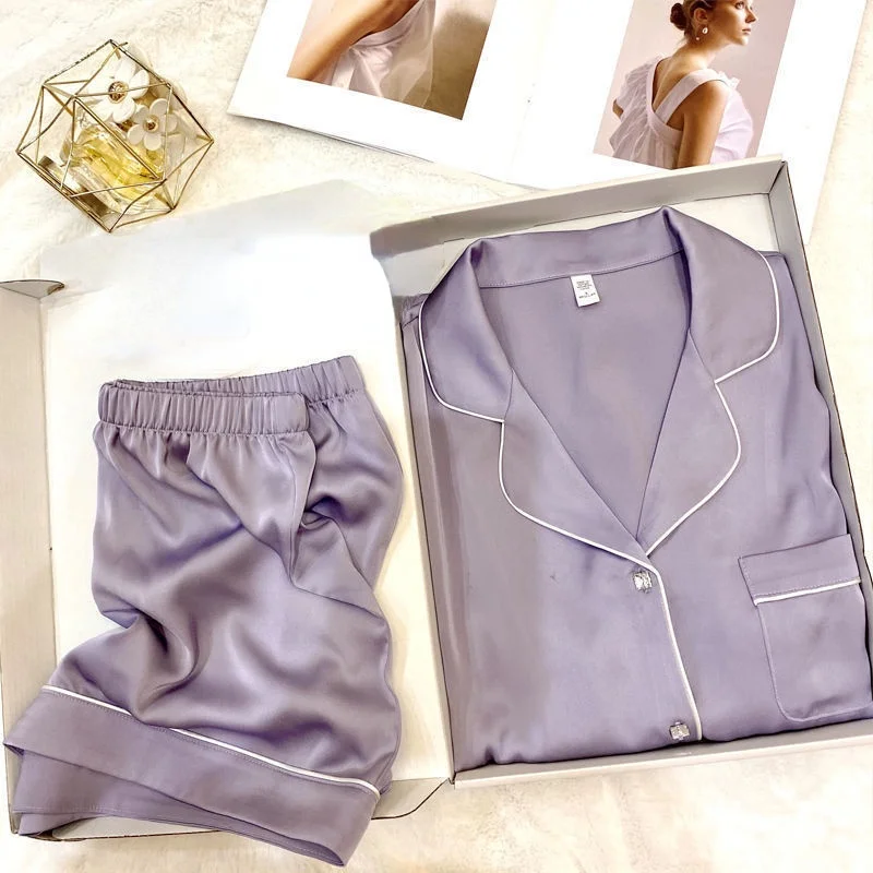 QWEEK Silk Pajamas for Women Two Piece Set Summer Satin Pyjamamas Square Diamond Buttons Solid Color Pijamas Sleepwear Nightwear