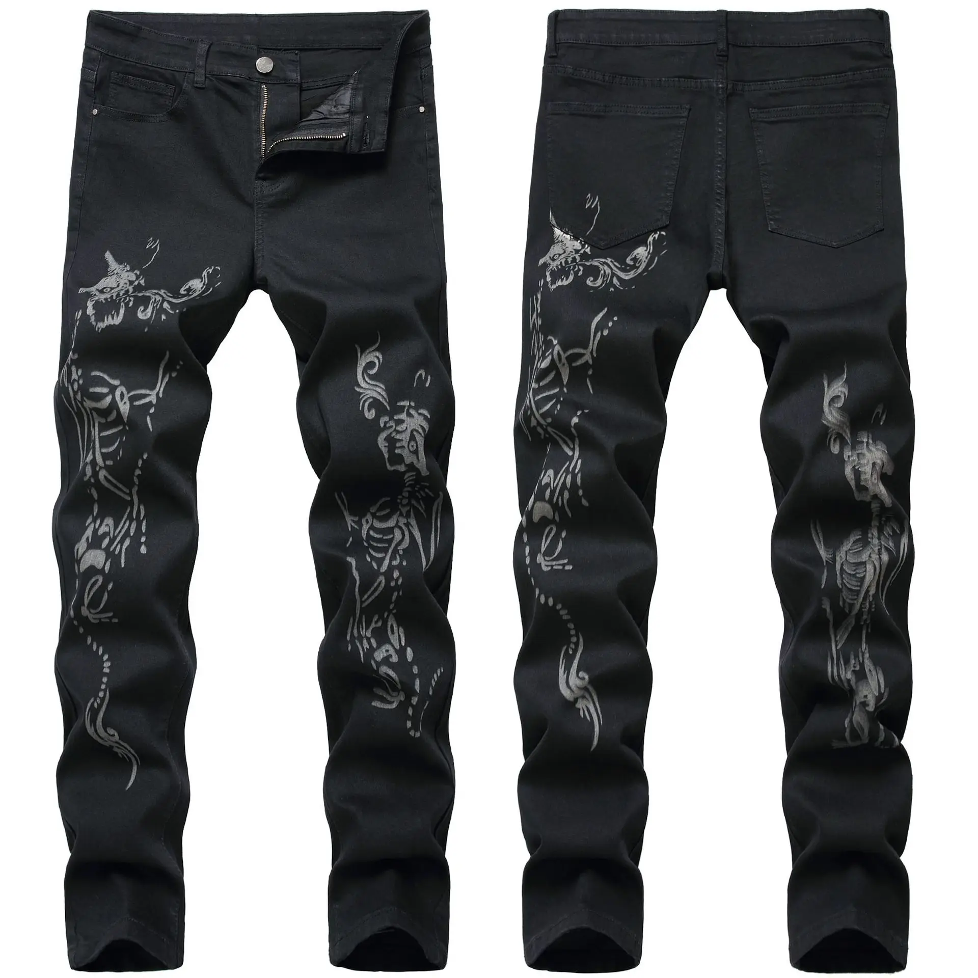 Fashion Print Skinny Jeans Men Black Stretch Hip Hop Streetwear Pants Mens Designer Clothes High Street Denim Trousers