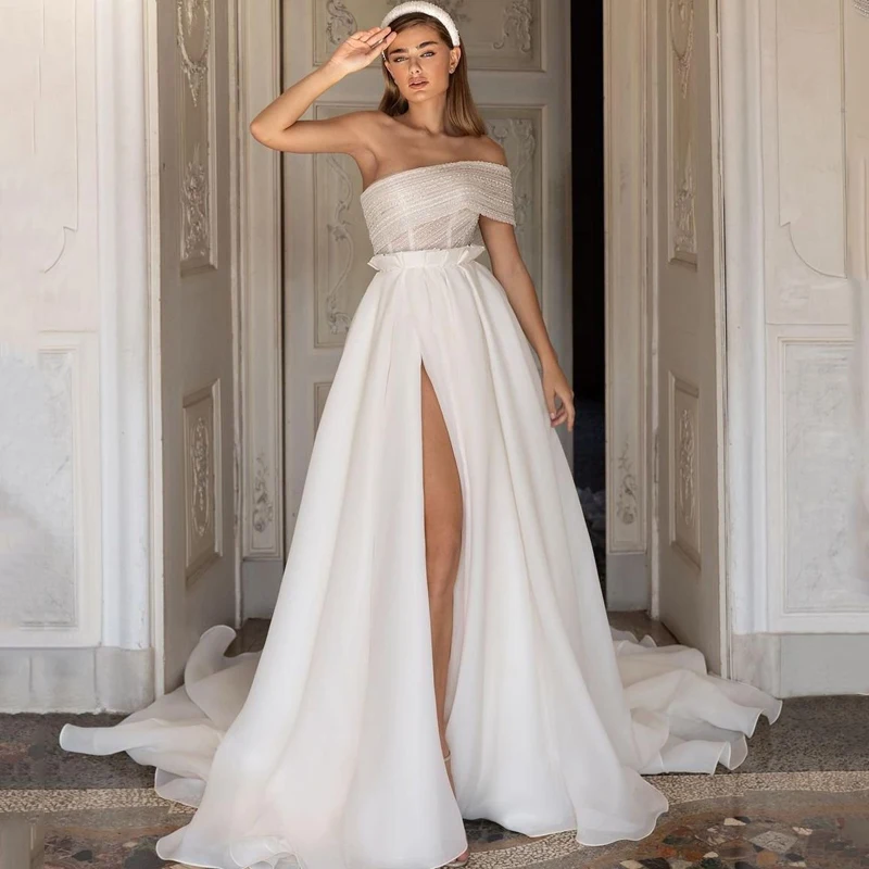 

Princess Wedding Dress Glitter One Shoulder A Line Bridal Gown Simple Boho Side Slit White Custom Made For Women Robe De Mariée