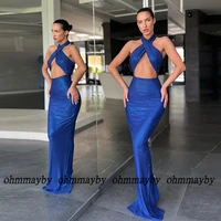 halter royal blue women dress 2022 sleeveless strapless fashion glitter prom gowns new summer mermaid evening dresses vestidos