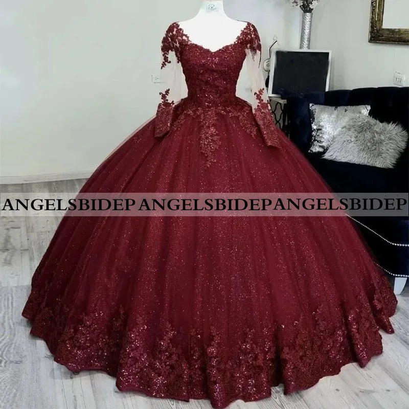 

ANGELSBRIDEP Burgundy Mexican Quinceanera Dresses With Sleeves Ball Gown Beaded Princess Masquerade Satin Sweet 16 Prom Dress