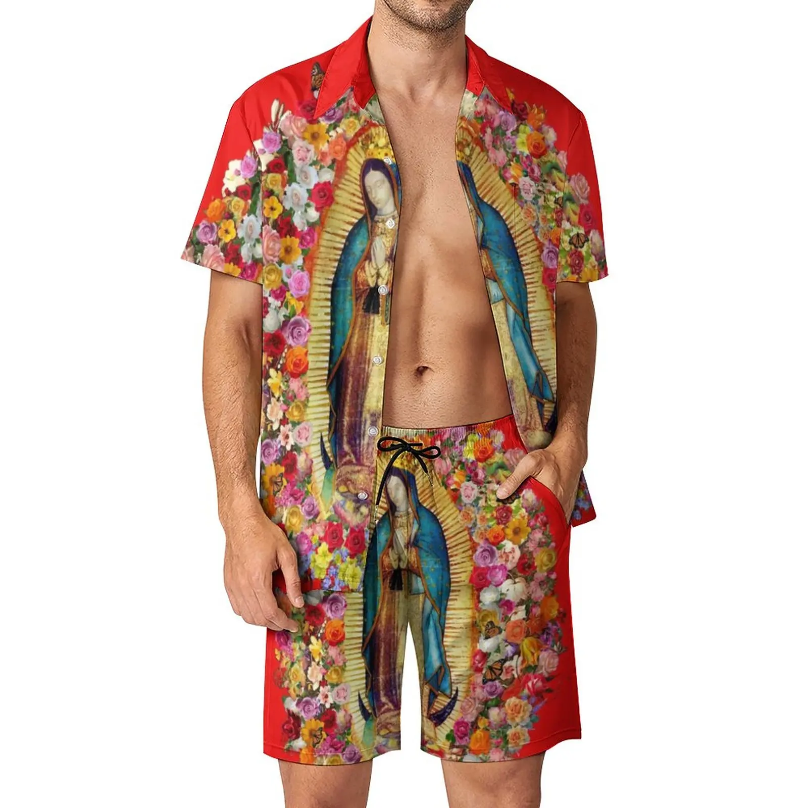 

Mexican Virgin Mary Men Sets Our Lady of Guadalupe Funny Casual Shirt Set Short-Sleeve Print Shorts Summer Beach Suit Plus Size