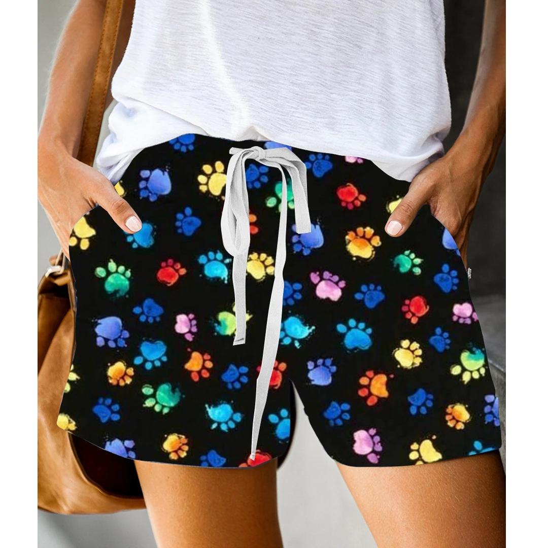 Summer Women Cute Dog Paw Print Shorts Elastic Waistband Pockets High Waist Wide Leg Drawstring Loose Pants Female Streetwear