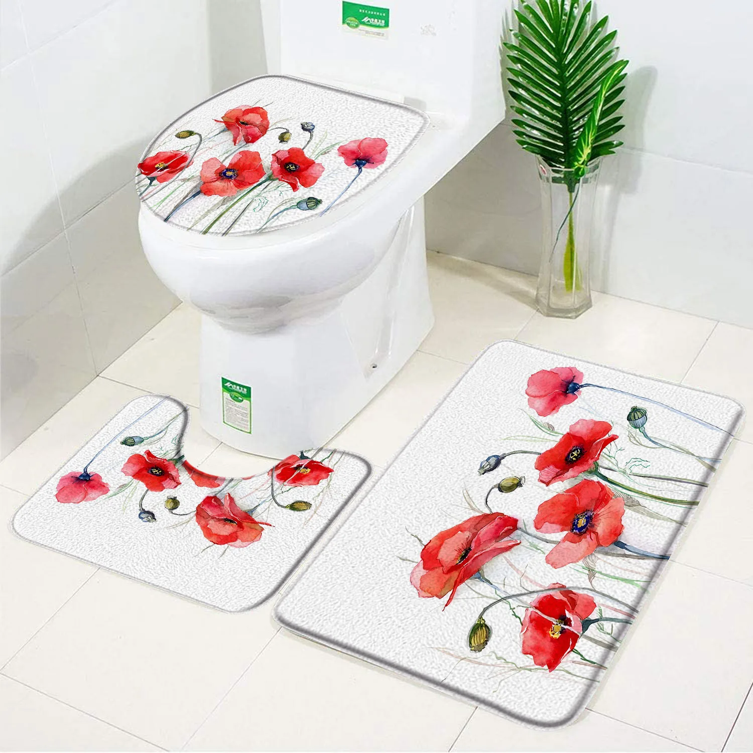 

Набор ковриков для ванной с растениями и цветами, фланелевые акварельные, с цветочным принтом мака, для ванной комнаты, нескользящий напольный фланелевый чехол, U-образная подкладка