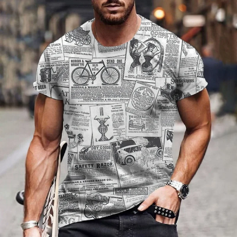 

Funny Newspaper 3D Printed Men's T-shirts Street Fashion Hip-hop Short-sleeved Oversized Summer Lightweight Breathable Clothing