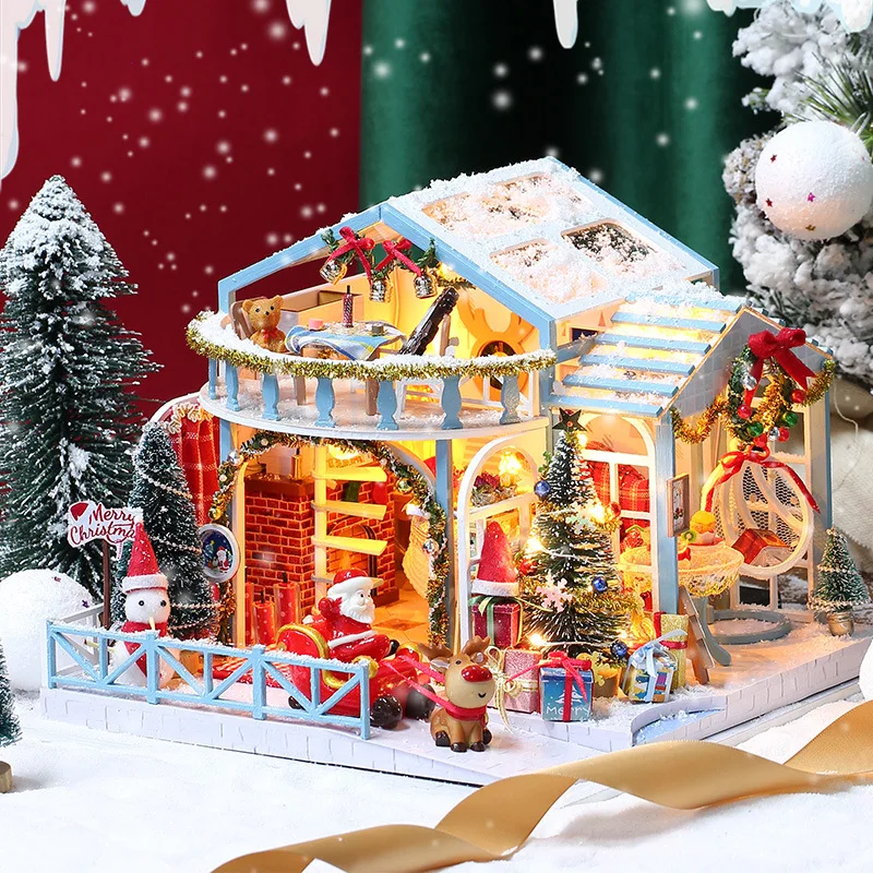 

Romantic christmas snow night with Santa Carriage Diy Miniature Dollhouse Kit Furniture Adult Children Christmas Houses Gift Toy