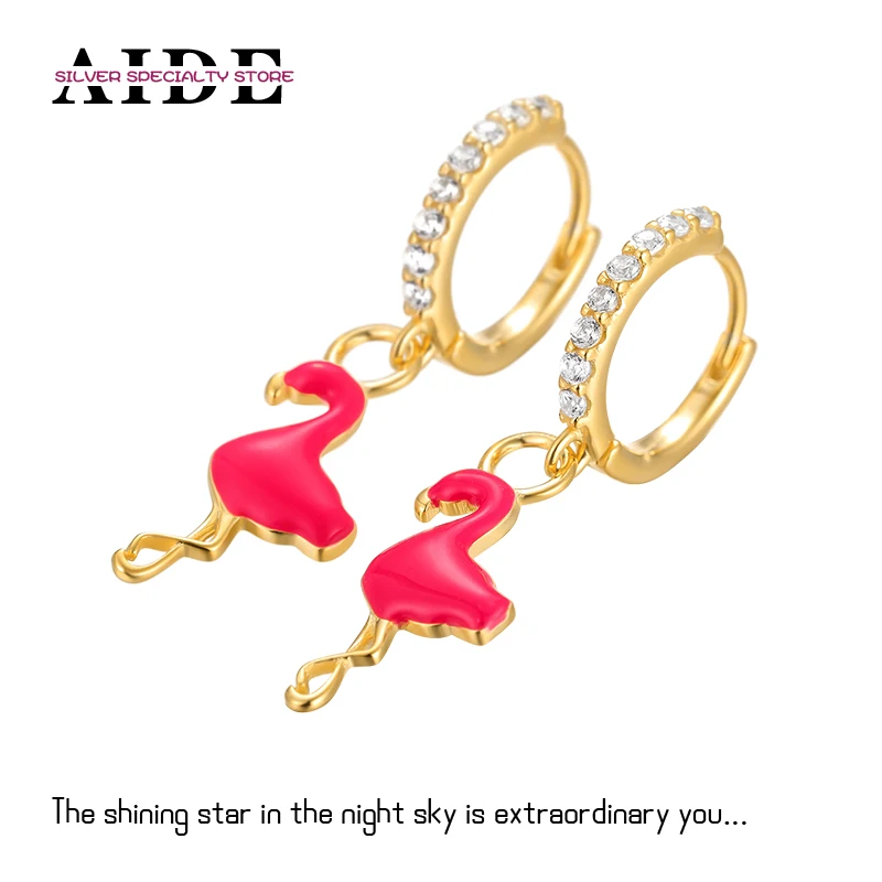 

AIDE S925 Silver Pink Enamel Flamingo Huggie Earrings For Women Girl 's Animal Hoop Earring Pendientes Jewelry Gift Brincos Aros