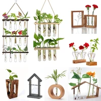 wall hanging glass planter ins terrarium flower bud vase with wooden test tube holder home office garden wedding decoration