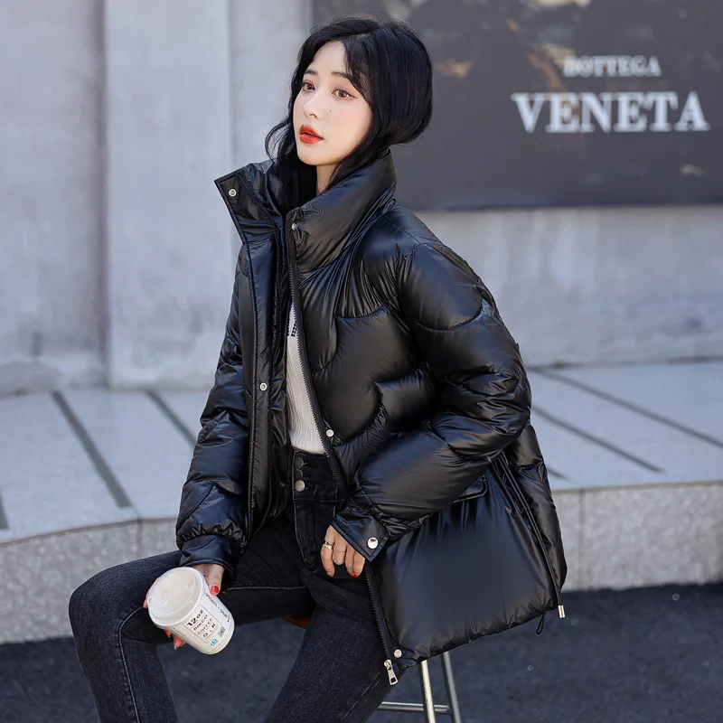 GRELLER 2022 New Women Winter Down Jacket Bright Shiny Cotton Padded Warm Parka For Women Short Stand Collar Winter Coat Clothes
