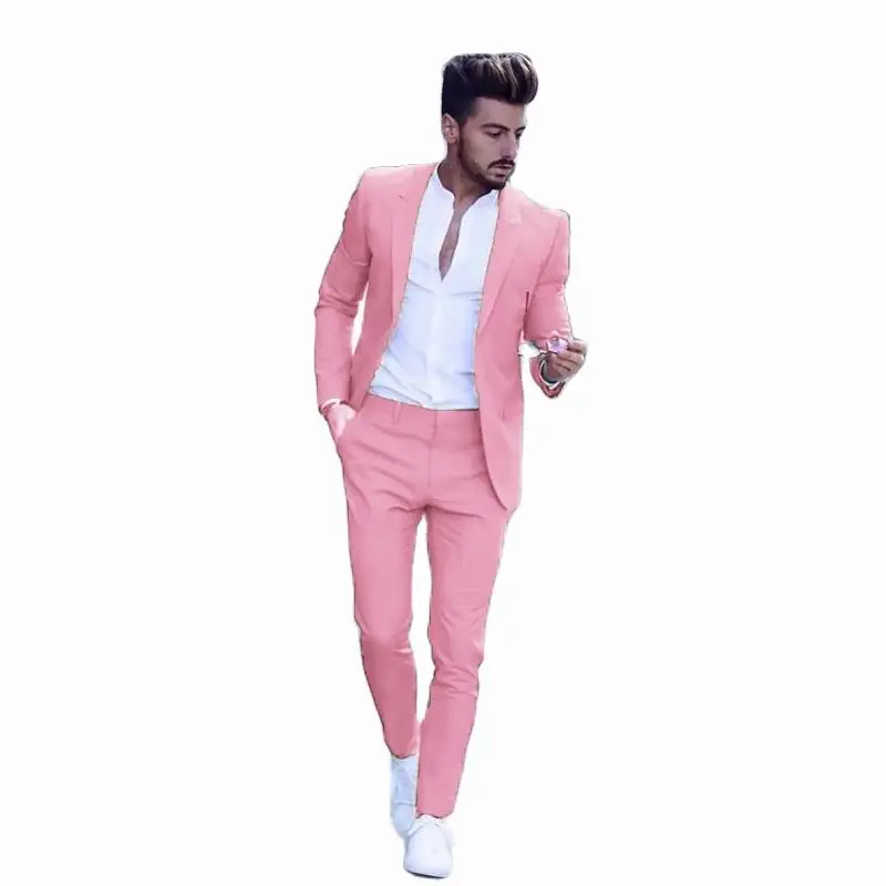 2022Casual Fashion Luxurious Business Men's Suit for Wedding Party Tuxedos Slim Fit Peak Lapel Pink Male(Jacket+Pants)