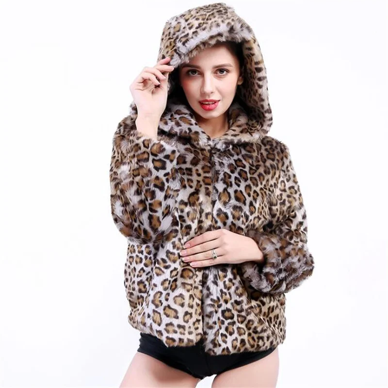 Autumn faux fur leather jacket womens warm Leopard print fur leather coat women hooded loose jackets winter thicken fashion b536