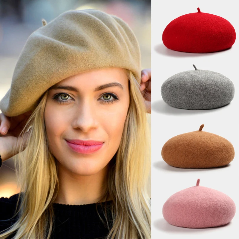 Vintage Women Girl Beret French Artist Warm Wool Winter Beanie Hat Cap Plain Beret Hats Solid Color Elegant Lady Winter Caps