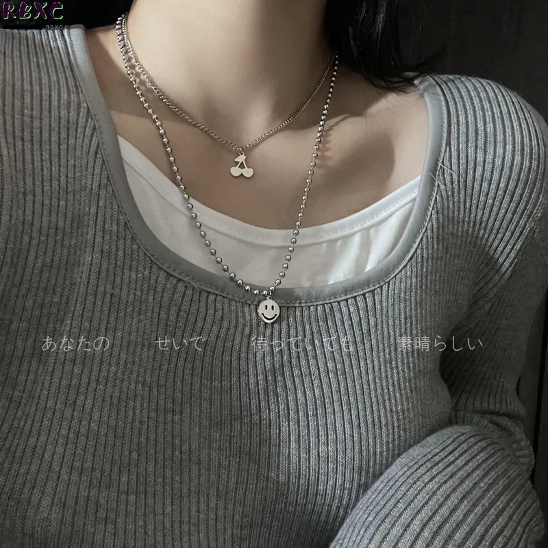 

Lovely Cherry Smiling Face Necklace Female Titanium Steel Non Fading Korean Temperament Simple Cold Clavicle Chain Neck Jewelry