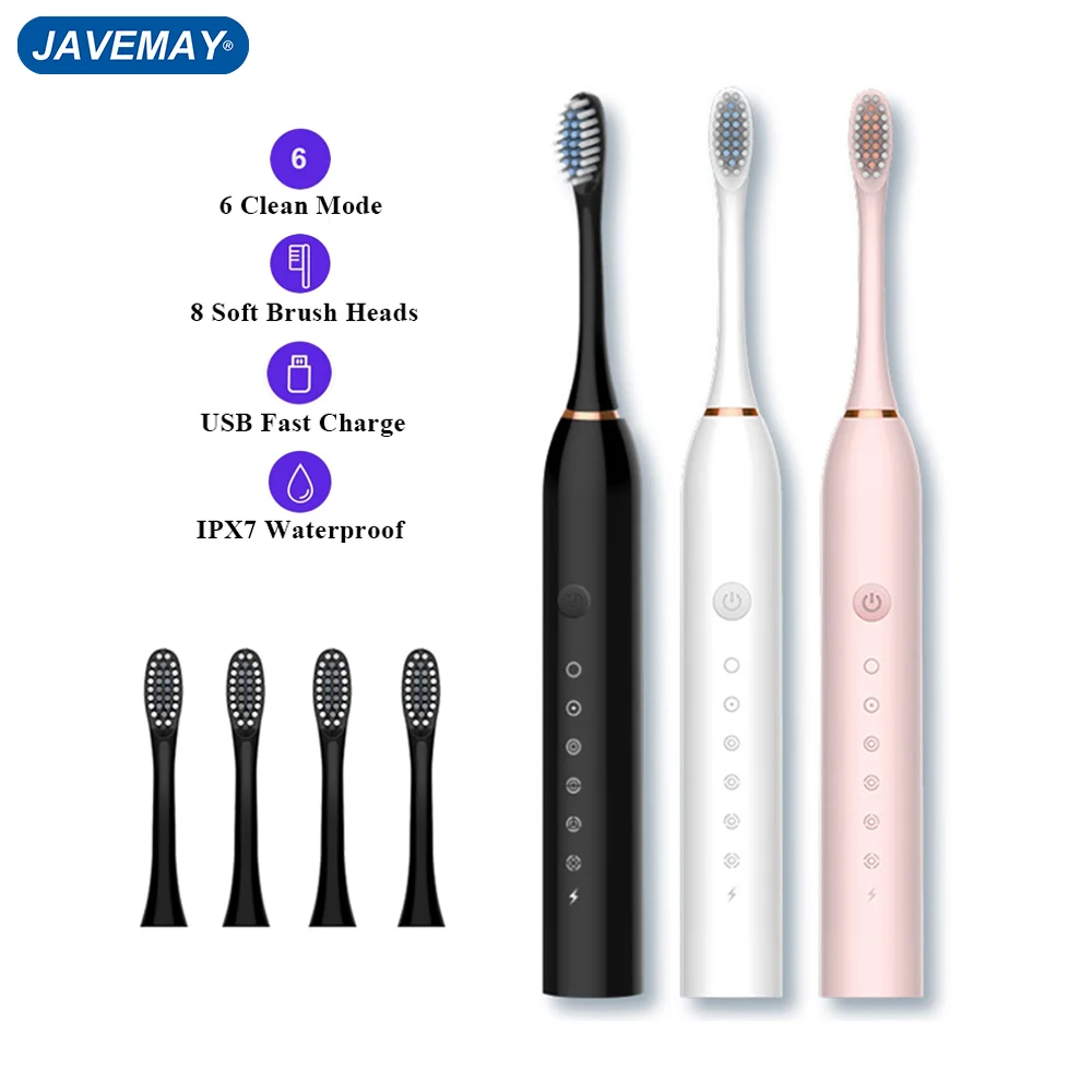 Sonic Electric Toothbrush Ultrasonic Automatic USB Rechargeable IPX7 Waterproof Travel with Replaceable Tooth Brush Heads J189