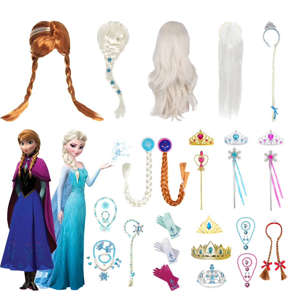 Elsa Princess Accessories Gloves Wand Crown Jewelry Set Elsa Wig Necklace Braid for Princess Dress Clothing Cosplay Dress UP