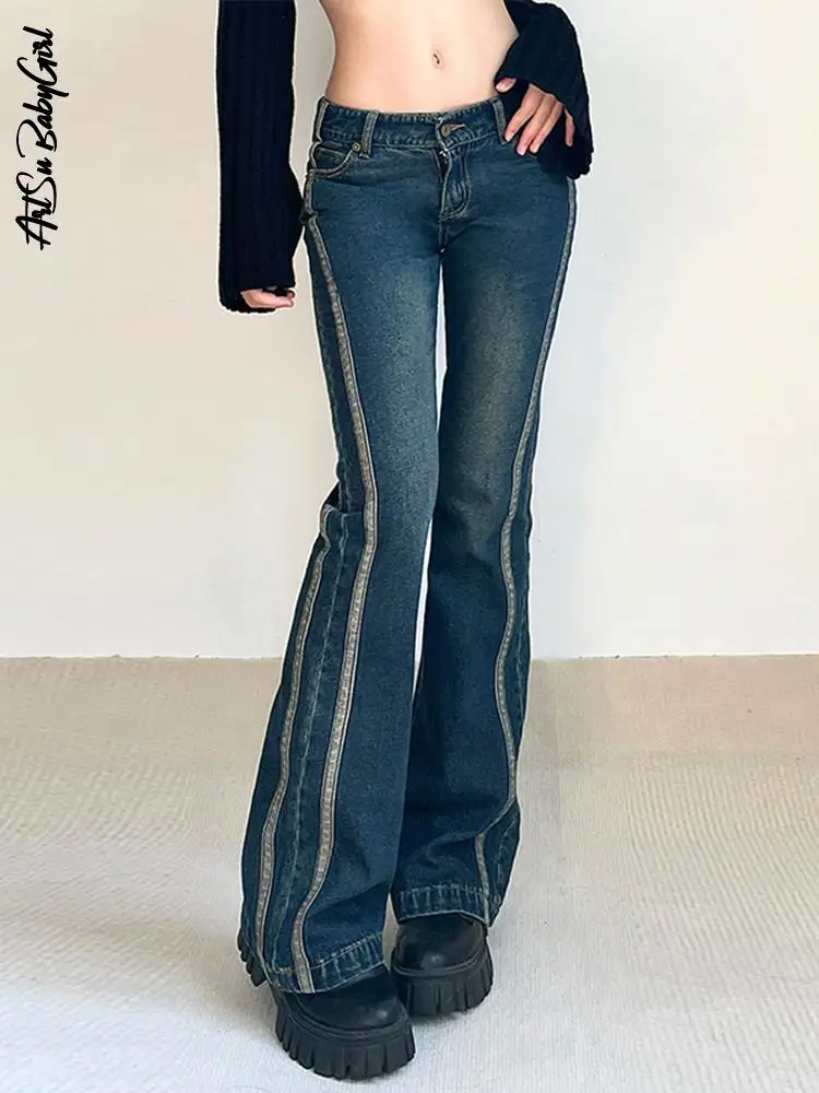 

Полосатые расклешенные джинсы, простроченные штаны Y2K, джинсы, женская одежда, дестроченные, в стиле 90-х, повседневная винтажная уличная одежда, джинсовые брюки с низкой посадкой