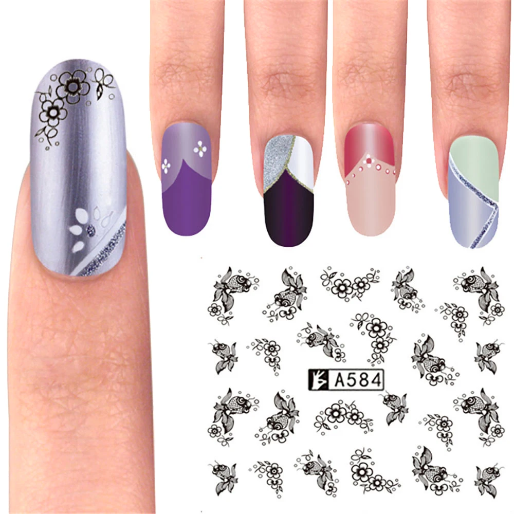 

Black Stickers For Nails Water Decals On Nail Sticker DIY Abstract Image Art Decal For Lace Foil Deco Flower Fall Accessories