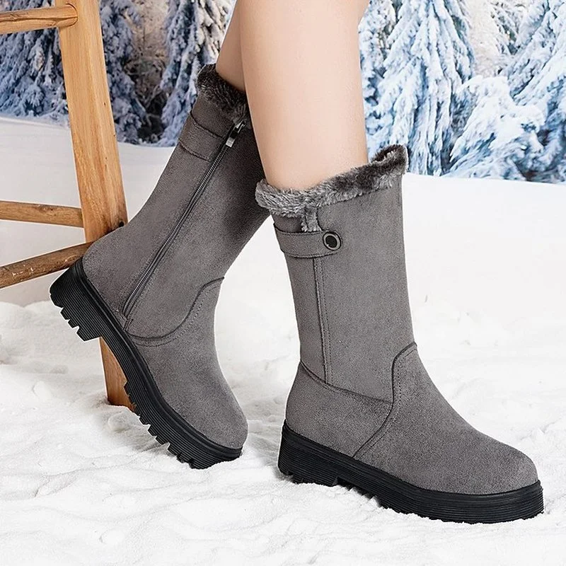 

Warm Thicken Plush Mid Calf Boots Women Winter Heels Platform Snow Boots Woman Plus Size Flock Slide Zipper Booties