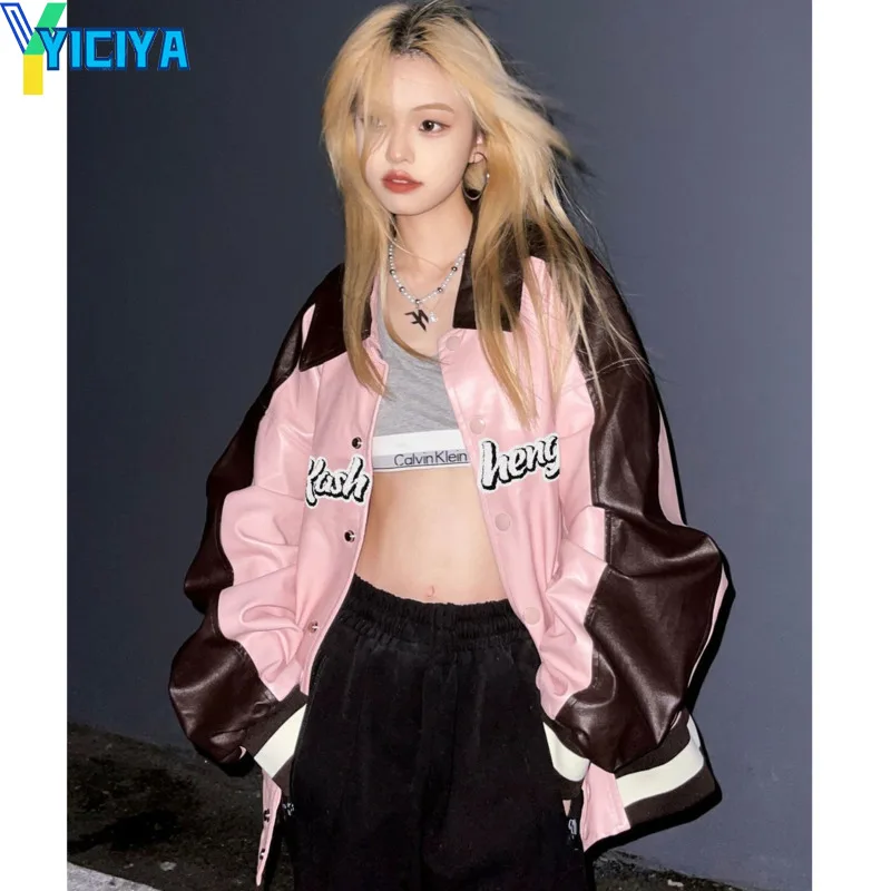 

YICIYA Black Bomber Woman Varsity Jacket Pink PU Leather Jacket American Vintage Fashion Female Coat Winter 2022 Crop Top Y2k