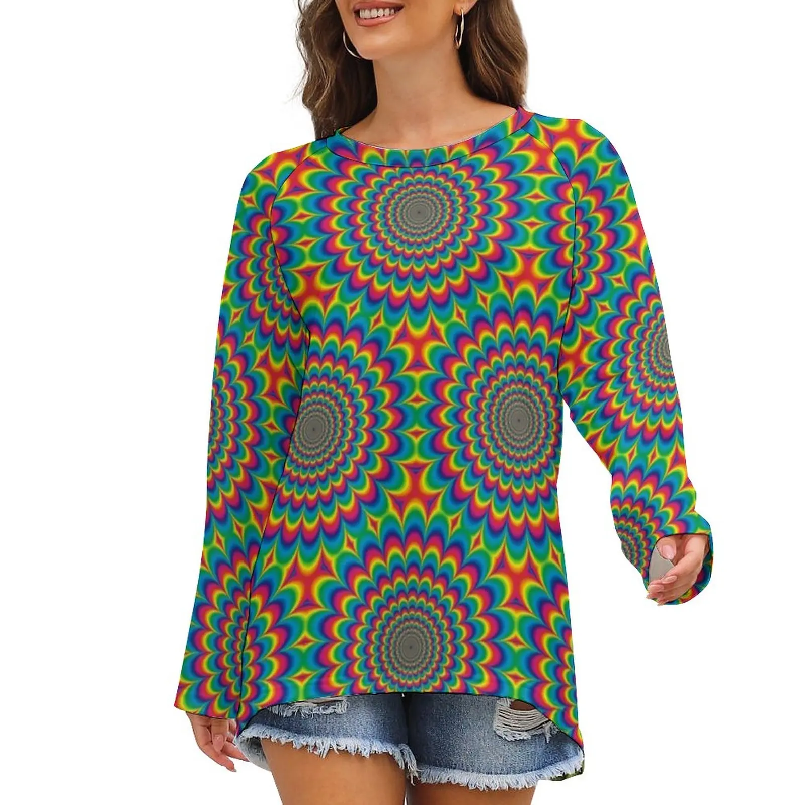 

Psychedelic Sixties T-Shirt Hippie Style Street Wear Long Sleeve T Shirts Print Simple Tshirt Female Spring Tees Big Size 5XL