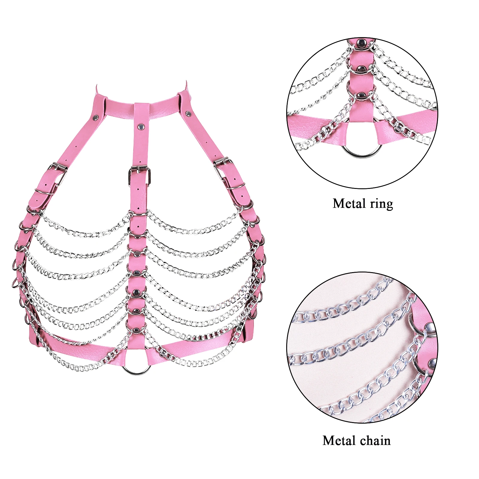 Pink Fetish BDSM PU Leather Body Chain Harness For Women Bralette Garter Belt Cage Bra Sexy Lingerie Erotic Pole Dance Rave Wear