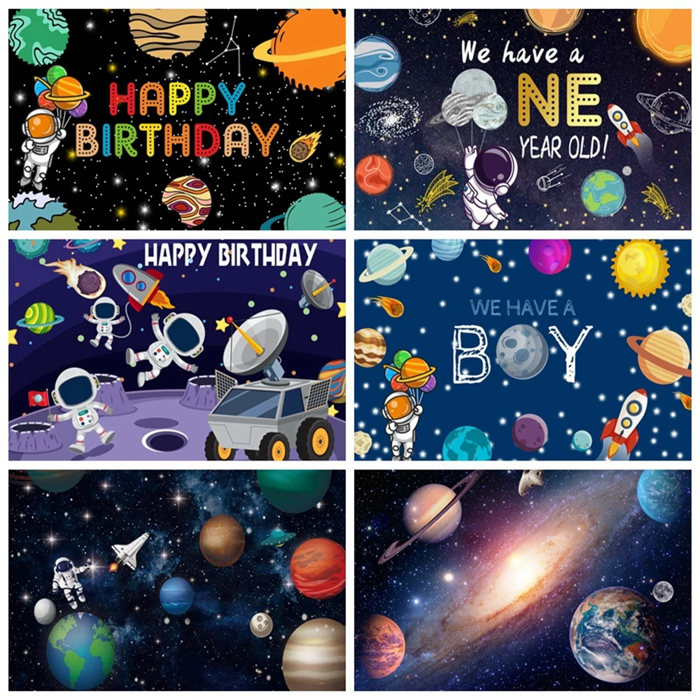 

Universe Space Station Planet Spacecraft Astronaut Backdrop Baby Boy Birthday Party Starry Sky Photography Background Banner