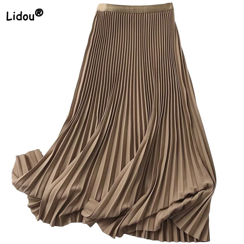 

All-match Solid Color 2022 New Summer Clothes for Women Elastic High-waisted Folds Fashion Shirring Black Midi A-line Skirt
