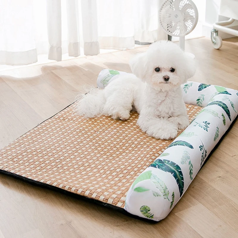 

Summer Dog Cooling Mat Pet Cool Pad Breathable Rattan with Pillow Non-Slip Bottom Cat Blanket Cushion for Kennel Sofa Sleep Bed