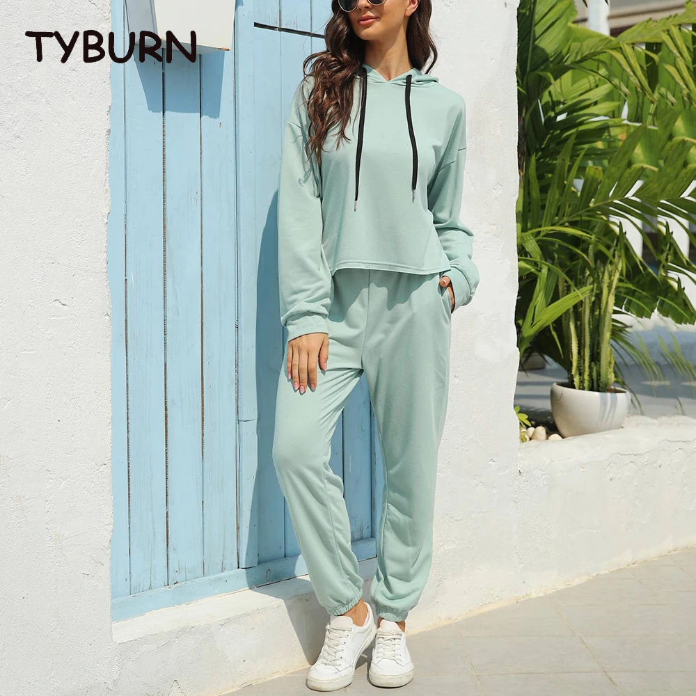 

TYBURN Casual Spring Autumn Pullover Two-Piece Suit Hoodie Grey Short Exposed Navel Sports Hood 2-Piece Set Outfits