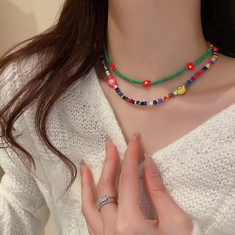 

Colorful Smiling Face Flower Beads Necklace For Women Girls Charms Cute Choker Necklace Female Aesthetic Neck Chain Jewelry Gift
