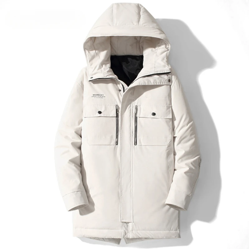 

2023 New Men Winter Casual Windproof Keep Warm Down Jacket Coats Men 80% White Duck Down Hooded Medium Length Down Jacket Men