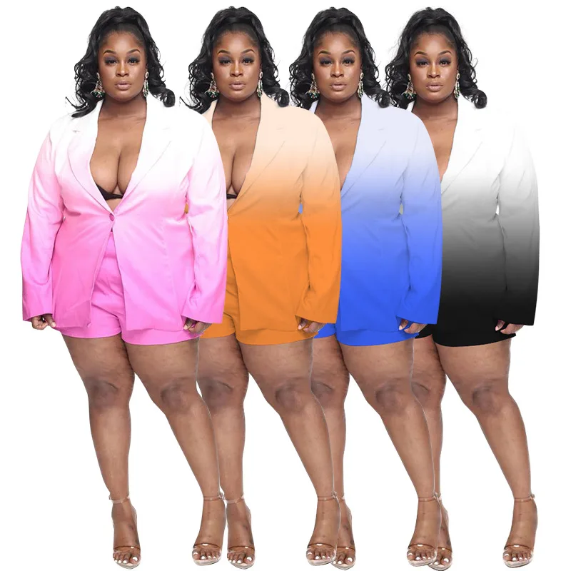 

Newest Plus Size Women Outfits Long Sleeve Blazer and Shorts Gadient Two Pieces Suit Fashion Street Office Lady Set