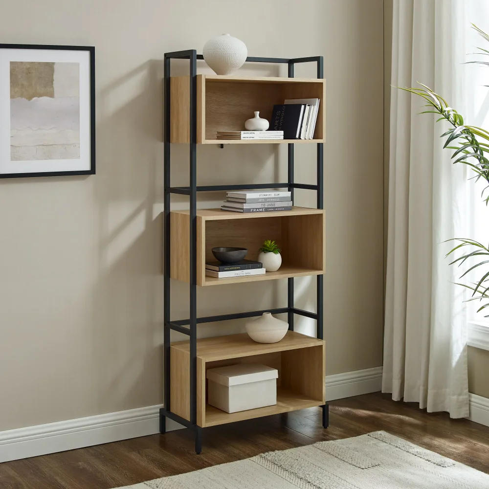 

Manor Park Contemporary 64" Metal and Wood 3-Cubby Bookshelf, Coastal Oak