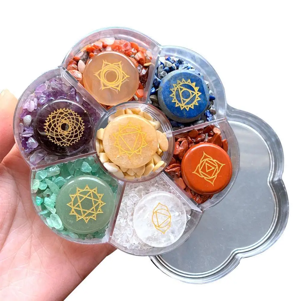 

Seven Chakra Natural Stones Beads Crystal Quartzs For Jewelry Making Supplies Engraved Symbols Polished Reiki Healing Stone Set