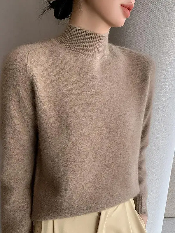 2024 Autumn and Winter New Pure Wool Sweater Women Thickened Half-high Collar Loose Angora Knitted Bottoming Shirt