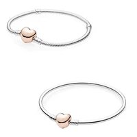 authentic 925 sterling silver moments rose gold love heart clasp snake chain bracelet bangle fit bead charm diy pandora jewelry