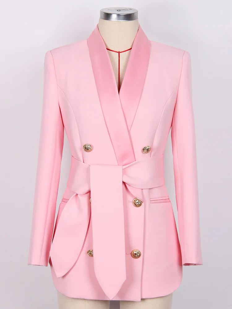 ZJYT Elegant Pink Blazers for Women Jacket Coat Autumn Winter Shawl Collar Office Party Black Outerwear Double Breasted Buttons