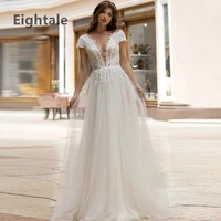 eightale wedding dress 2022 princess bohemian v neck appliques lace a line backless formal wedding gown tulle beach bridal dress