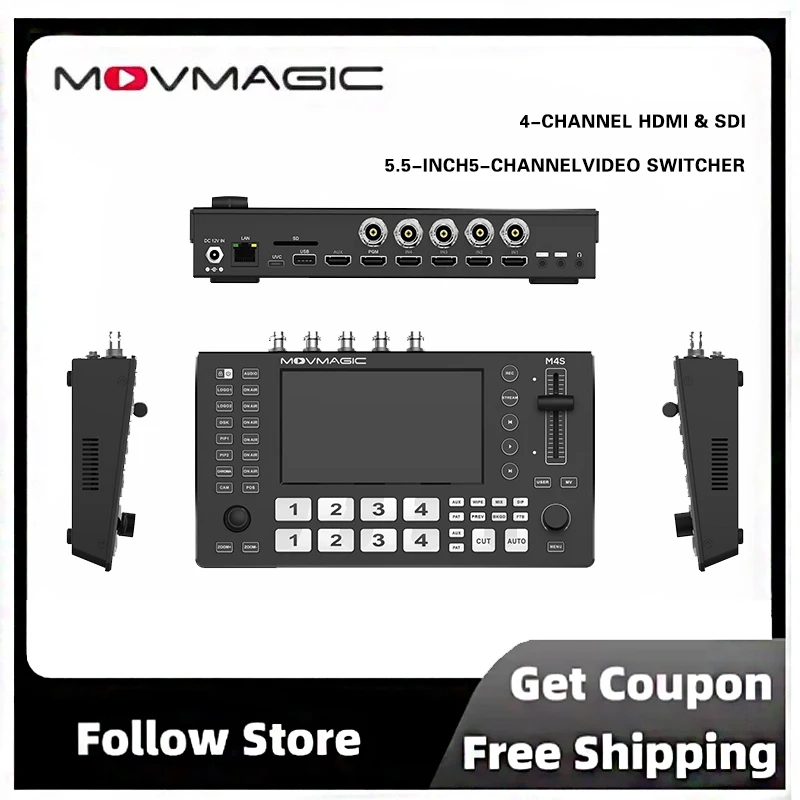 Фото Профессиональный видеомикшер MOVMAGIC M4S 4K с 5 входами, 3G-SDI, HDMI, Chroma Key, управлением PTZ, оборудование для виртуальных прямых трансляций №1