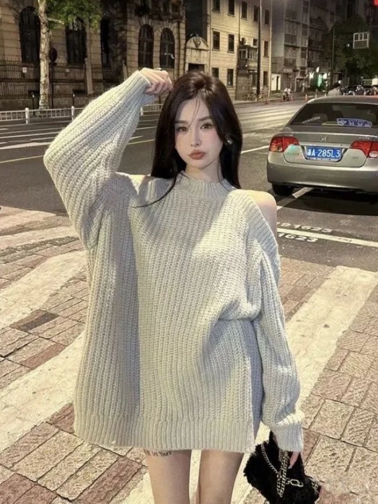 QWEEK корейский вязаный свитер с открытыми плечами женский Kpop модная уличная