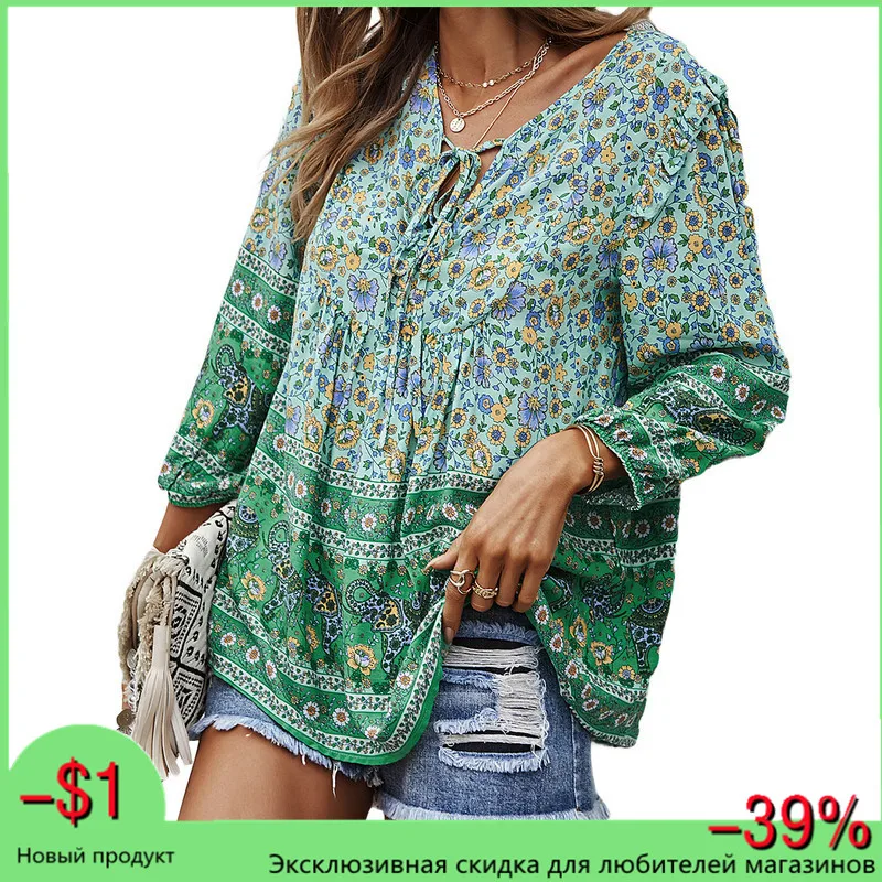 

Women Spring Autumn T-shirts Boho 3/4 Sleeve Flowers Elephant Tie-Up V-Neck Bohemian Ladies Loose Pullover Style Casual Tops