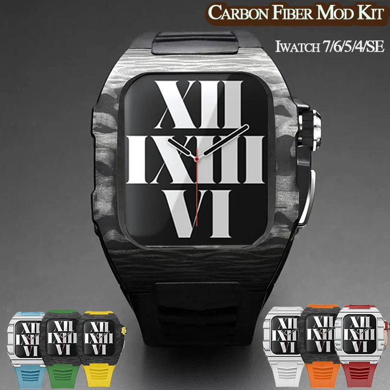 

Carbon Fiber Luxury Case for Apple Watch Band 45mm Series 7 6 Stainless Steel for Iwatch Series 5 4 SE 44MM Diy Modification Kit