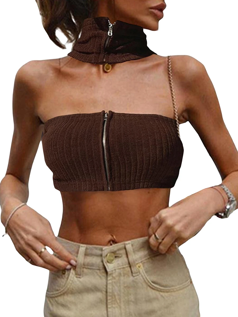 

Women Strapless Crop Top Halter Neck Zip Front Hollow Knitted Tube Top Sleeveless Bandeau Bustier Tops Y2k Aesthetic Clothes