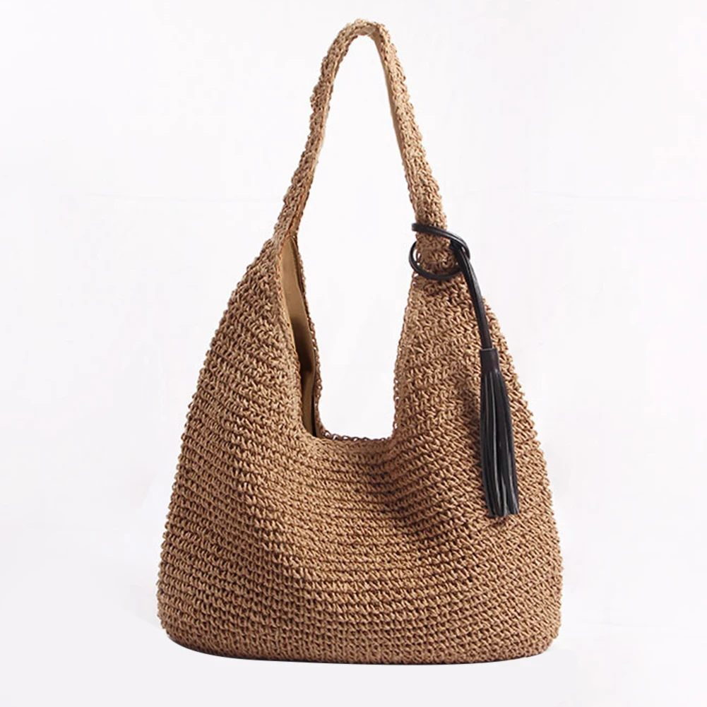 

Hand-woven Large Straw Shoulder Bag Boho Straw Handle Tote Retro Summer Beach Bag Rattan Handbag Shopper Pouch