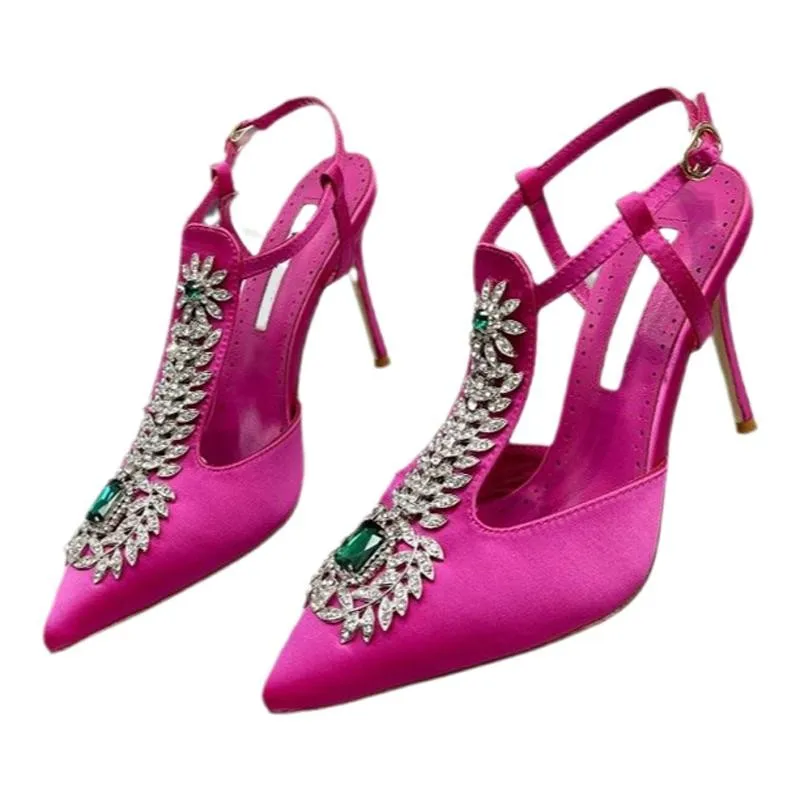 Pointed-toe ladies sandals 2023summer new rhinestone square buckle high-heeled toe stiletto satin chain back empty Roman shoes